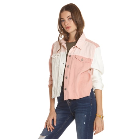 Colorblock Denim Jacket In Pink White Wantable All about the oversized denim jacket lately, especially when it's pink 🎀. colorblock denim jacket in pink white