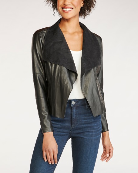 Draped Faux Leather Jacket in Black 