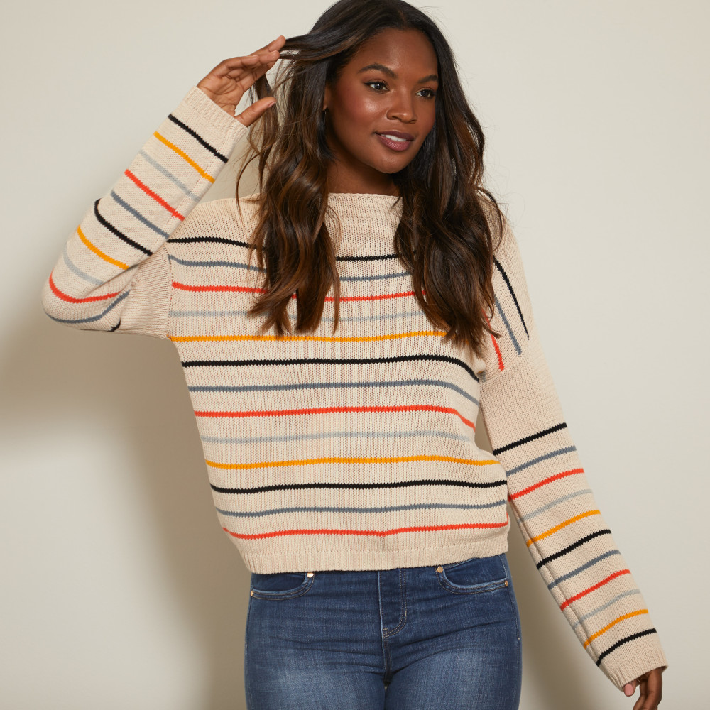 Stripe Ribbed Henley Drop Shoulder Slouchy Sweater