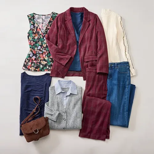 Nine-piece workwear grid showing coordinated blazers, tops, and separates styled together